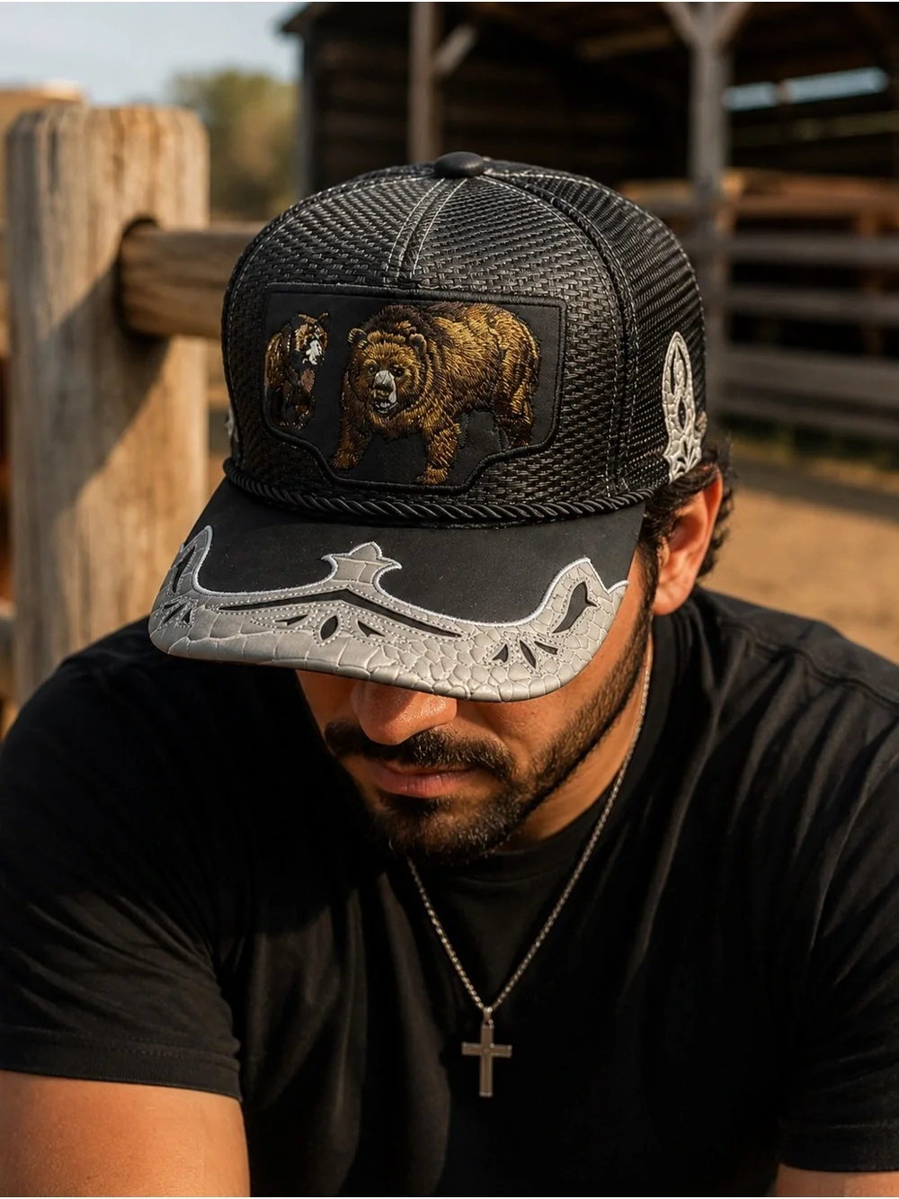 Black Trucker Hat Bear Embroidered Patch Western Mesh Snapback Cap Silver Bill